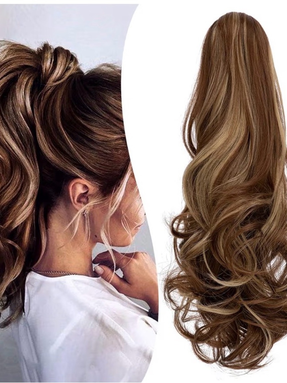 Brown Wavy Clip-In Ponytail Hairpiece 9 inch brown and blonde real hair